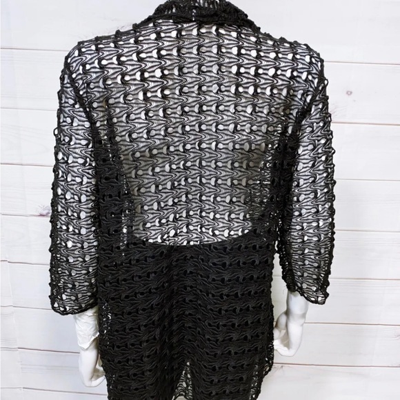 Black Sheer Cutout Lacey 3/4 Sleeve Cardigan with Open Front Crochet Size L - Picture 11 of 11
